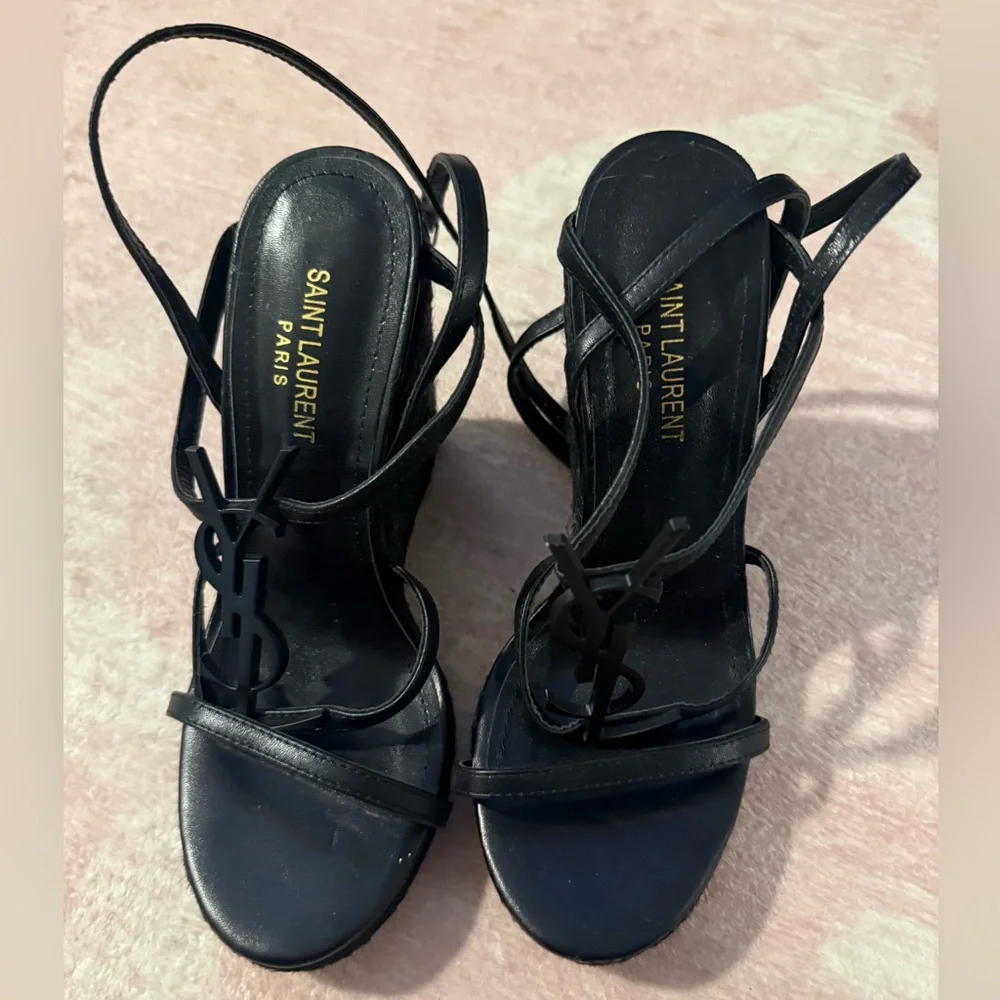 Saint Laurent Black Strappy Wedge Sandals YSL logo - Picture 3 of 10